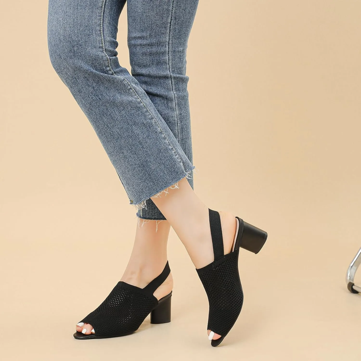 Women's Knit Peep Toe Slingback Chunky Heeled Sandals with Ankle Strap Fashion Open Pointed Toe Cut Out Slip On Backless High Heels Summer Casual Work Office Wedding Dressy Pumps