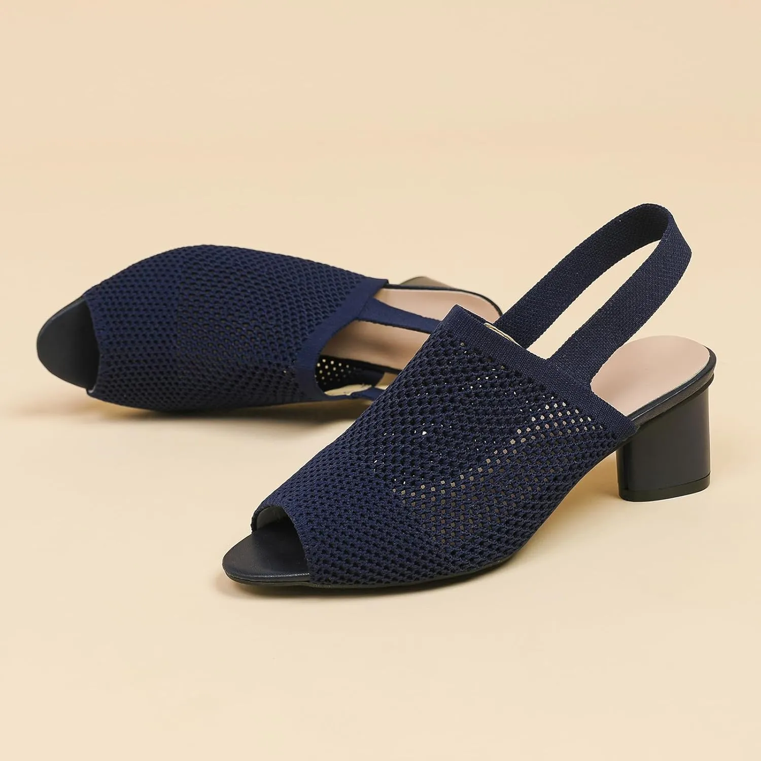 Women's Knit Peep Toe Slingback Chunky Heeled Sandals with Ankle Strap Fashion Open Pointed Toe Cut Out Slip On Backless High Heels Summer Casual Work Office Wedding Dressy Pumps