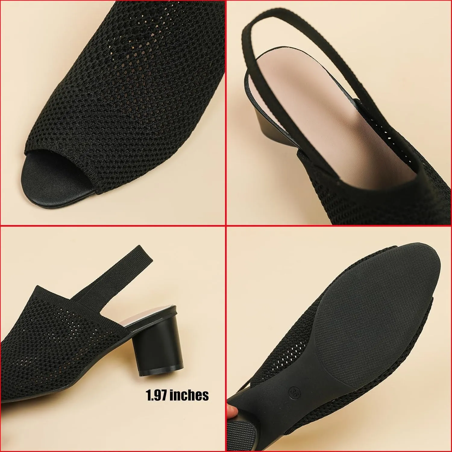 Women's Knit Peep Toe Slingback Chunky Heeled Sandals with Ankle Strap Fashion Open Pointed Toe Cut Out Slip On Backless High Heels Summer Casual Work Office Wedding Dressy Pumps