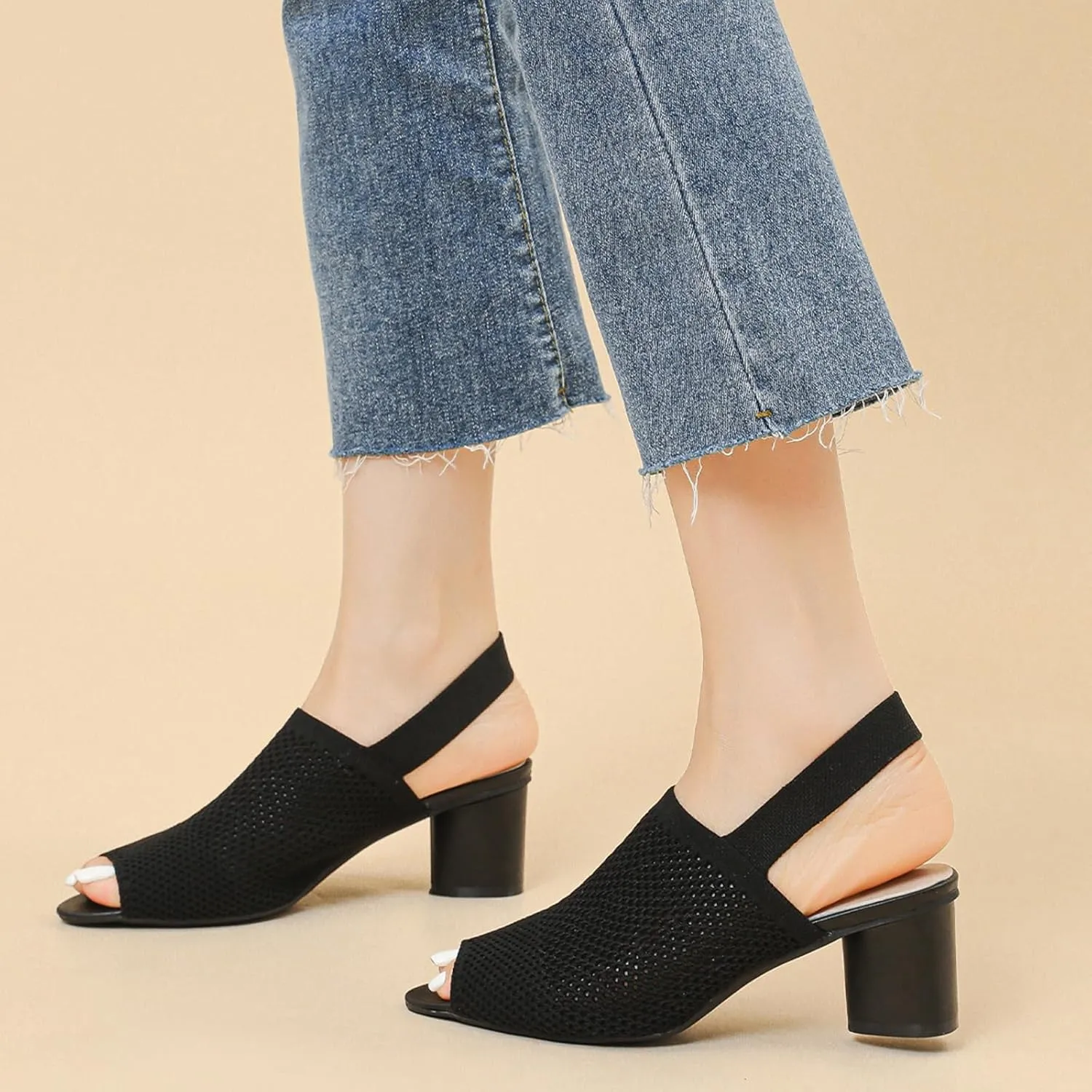 Women's Knit Peep Toe Slingback Chunky Heeled Sandals with Ankle Strap Fashion Open Pointed Toe Cut Out Slip On Backless High Heels Summer Casual Work Office Wedding Dressy Pumps