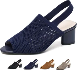 Women's Knit Peep Toe Slingback Chunky Heeled Sandals with Ankle Strap Fashion Open Pointed Toe Cut Out Slip On Backless High Heels Summer Casual Work Office Wedding Dressy Pumps