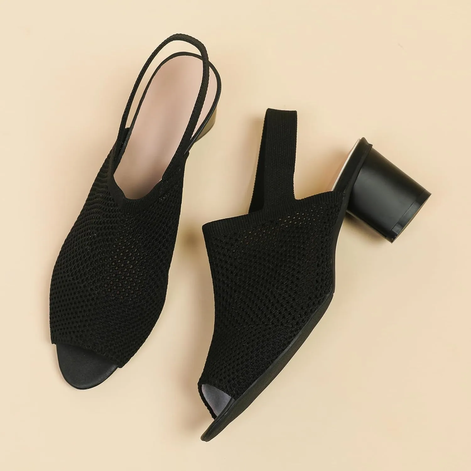 Women's Knit Peep Toe Slingback Chunky Heeled Sandals with Ankle Strap Fashion Open Pointed Toe Cut Out Slip On Backless High Heels Summer Casual Work Office Wedding Dressy Pumps