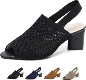 Women's Knit Peep Toe Slingback Chunky Heeled Sandals with Ankle Strap Fashion Open Pointed Toe Cut Out Slip On Backless High Heels Summer Casual Work Office Wedding Dressy Pumps
