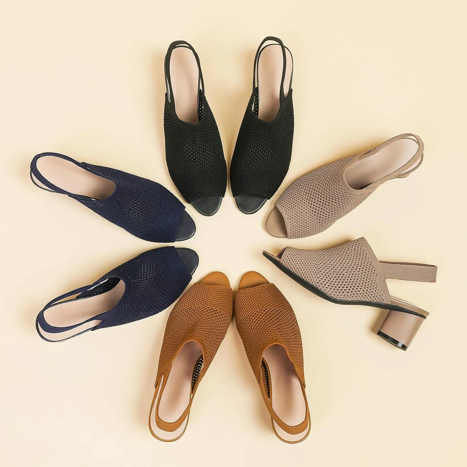 Women's Knit Peep Toe Slingback Chunky Heeled Sandals with Ankle Strap Fashion Open Pointed Toe Cut Out Slip On Backless High Heels Summer Casual Work Office Wedding Dressy Pumps