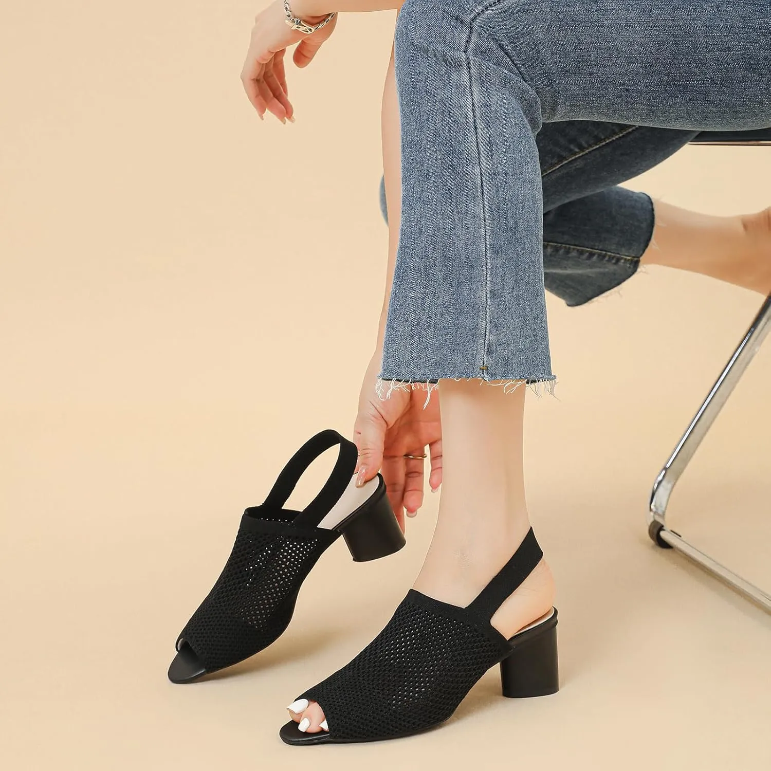 Women's Knit Peep Toe Slingback Chunky Heeled Sandals with Ankle Strap Fashion Open Pointed Toe Cut Out Slip On Backless High Heels Summer Casual Work Office Wedding Dressy Pumps