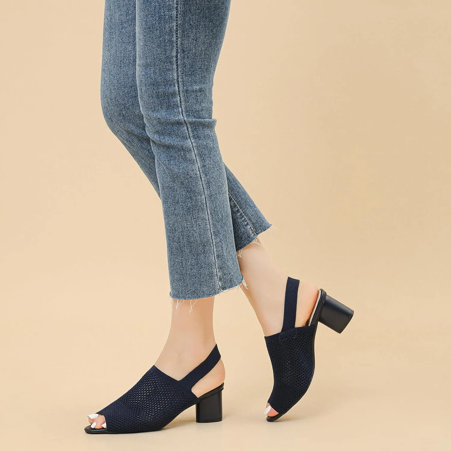 Women's Knit Peep Toe Slingback Chunky Heeled Sandals with Ankle Strap Fashion Open Pointed Toe Cut Out Slip On Backless High Heels Summer Casual Work Office Wedding Dressy Pumps
