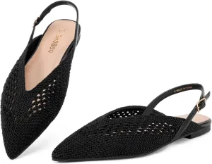 Women's Knit Pointed Toe Slingback Flats - Adjustable Buckle Ballet Flats, Dressy and Comfortable