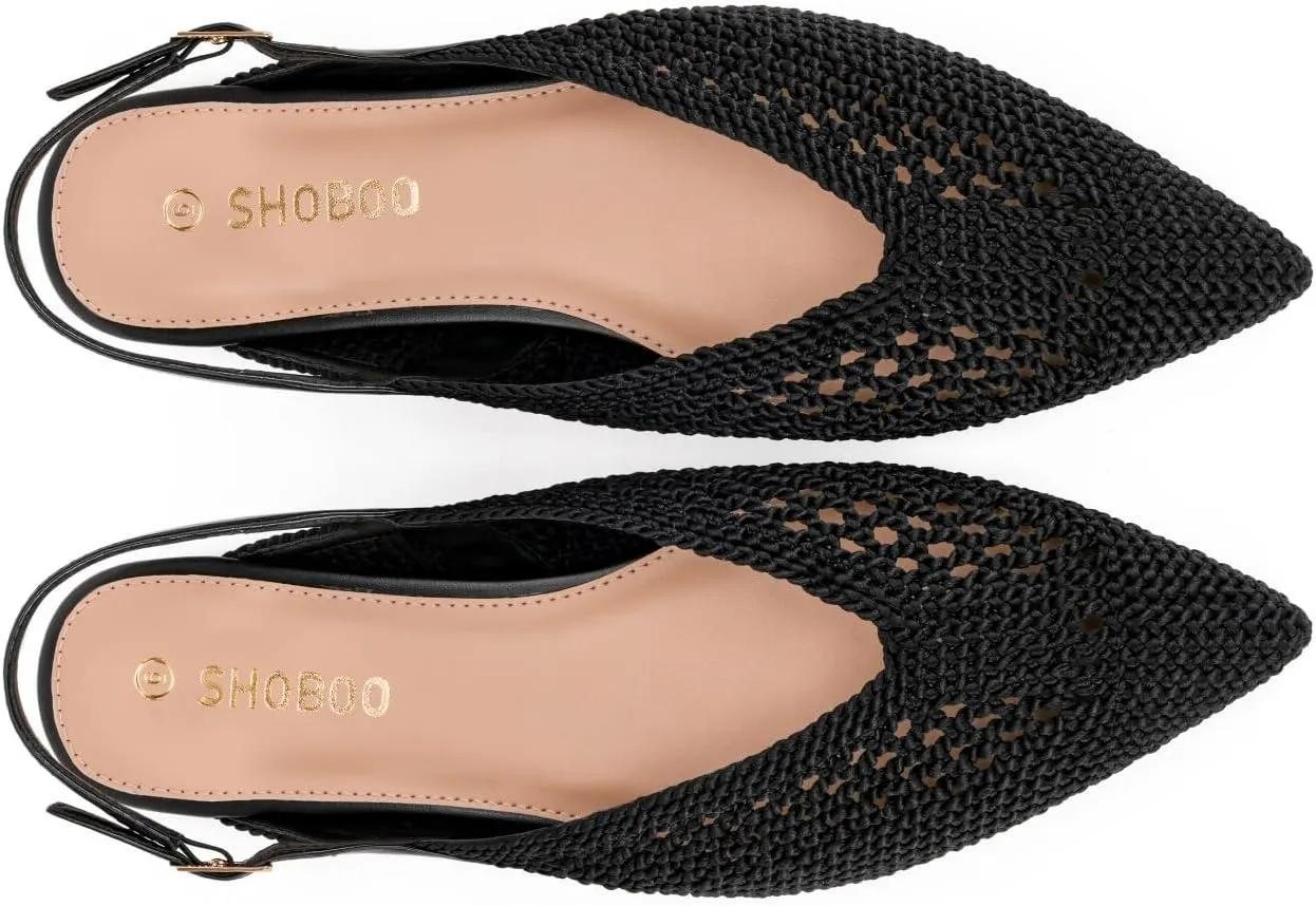 Women's Knit Pointed Toe Slingback Flats - Adjustable Buckle Ballet Flats, Dressy and Comfortable