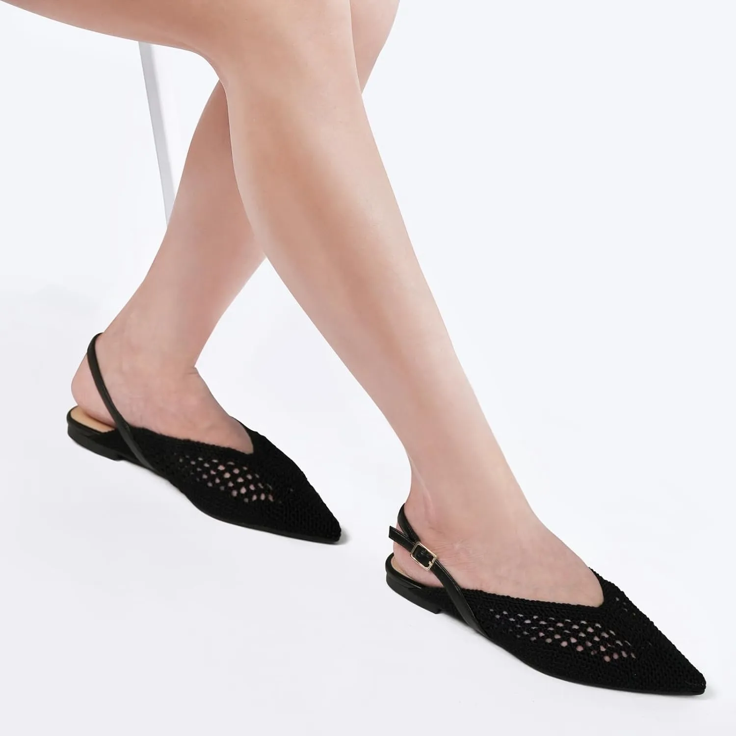 Women's Knit Pointed Toe Slingback Flats - Adjustable Buckle Ballet Flats, Dressy and Comfortable