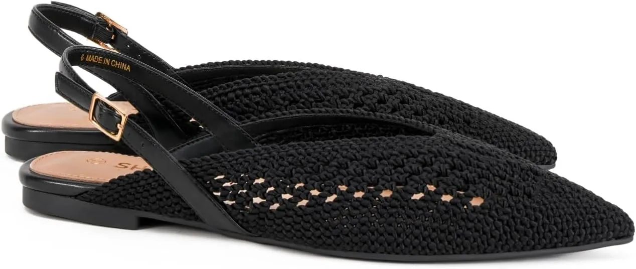 Women's Knit Pointed Toe Slingback Flats - Adjustable Buckle Ballet Flats, Dressy and Comfortable
