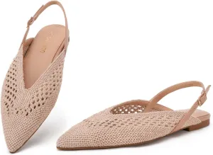 Women's Knit Pointed Toe Slingback Flats - Adjustable Buckle Ballet Flats, Dressy and Comfortable