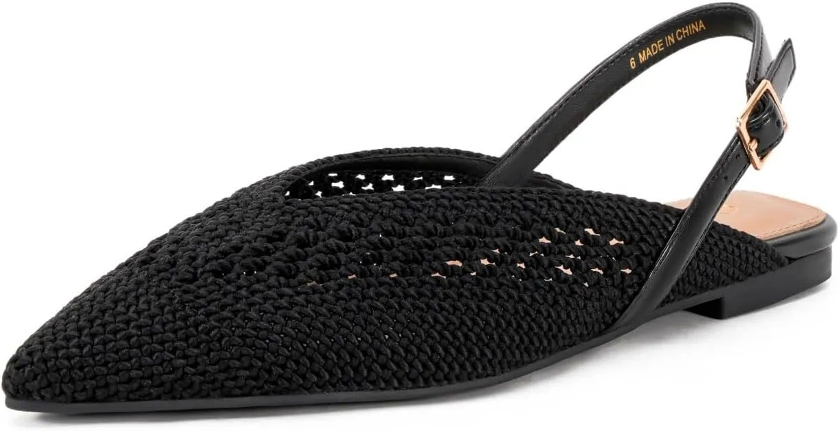 Women's Knit Pointed Toe Slingback Flats - Adjustable Buckle Ballet Flats, Dressy and Comfortable