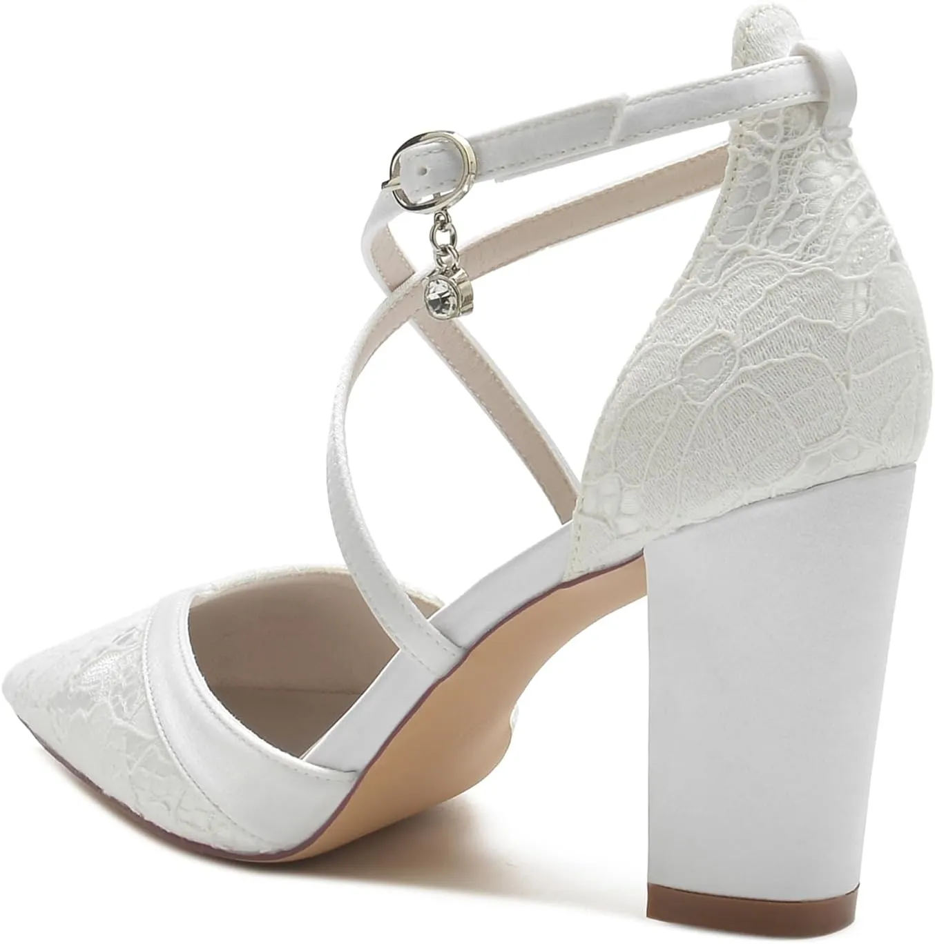 Women's Lace Satin Wedding Shoes for Bride High Heels Pointed Toe Cross Strap Ankle Shoes Satin Block Heels Prom Party Dress Pumps Sandals
