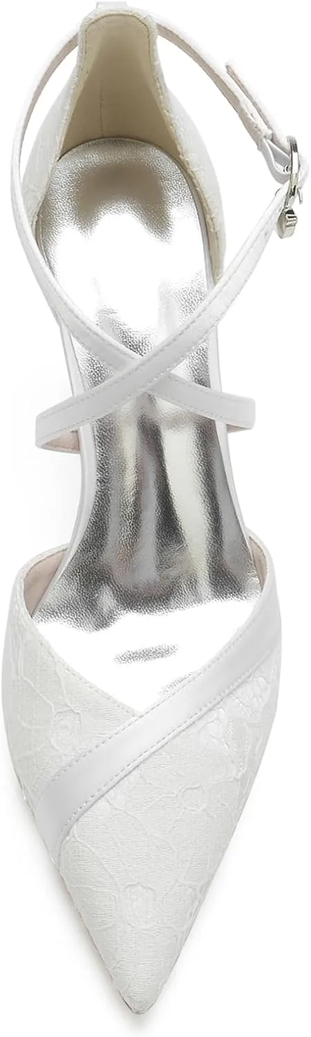 Women's Lace Satin Wedding Shoes for Bride High Heels Pointed Toe Cross Strap Ankle Shoes Satin Block Heels Prom Party Dress Pumps Sandals
