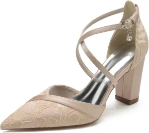 Women's Lace Satin Wedding Shoes for Bride High Heels Pointed Toe Cross Strap Ankle Shoes Satin Block Heels Prom Party Dress Pumps Sandals
