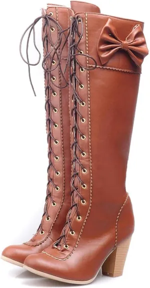 Women's Lace up Knee Length Boots Elegant Bow Layered Thick High Heels Winter Battle Dress Boots