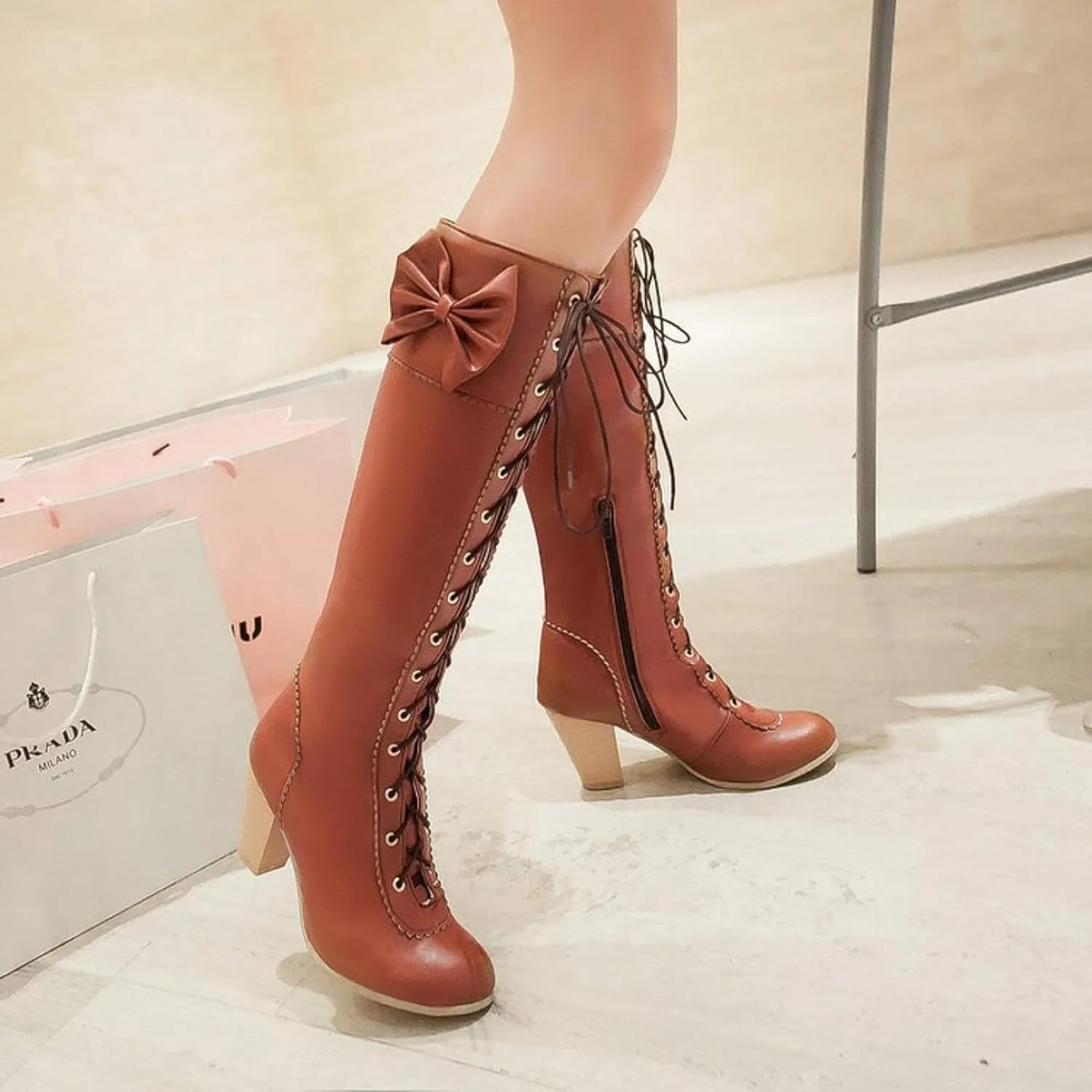 Women's Lace up Knee Length Boots Elegant Bow Layered Thick High Heels Winter Battle Dress Boots