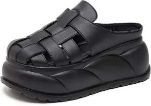 Women's Leather Braided Platform Heightened Mule Sandals Comfortable Closed Wide Toe Cloud Chunky Platform Non-Slip Half Slingback Dress Slippers Casual Summer Mule Clogs