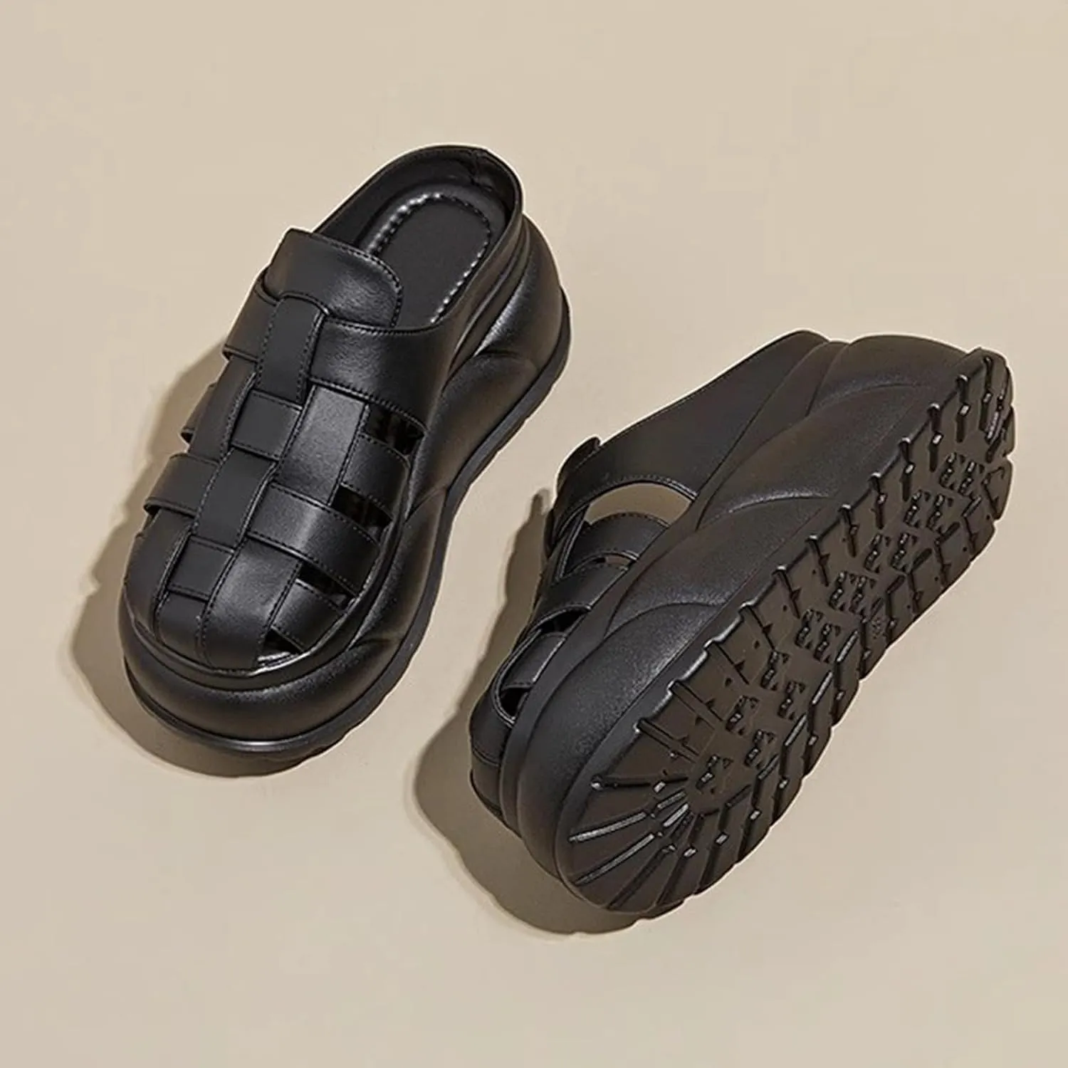 Women's Leather Braided Platform Heightened Mule Sandals Comfortable Closed Wide Toe Cloud Chunky Platform Non-Slip Half Slingback Dress Slippers Casual Summer Mule Clogs