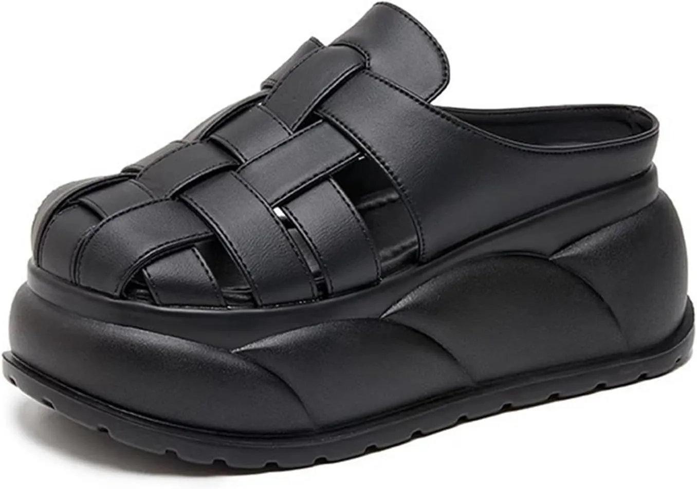 Women's Leather Braided Platform Heightened Mule Sandals Comfortable Closed Wide Toe Cloud Chunky Platform Non-Slip Half Slingback Dress Slippers Casual Summer Mule Clogs