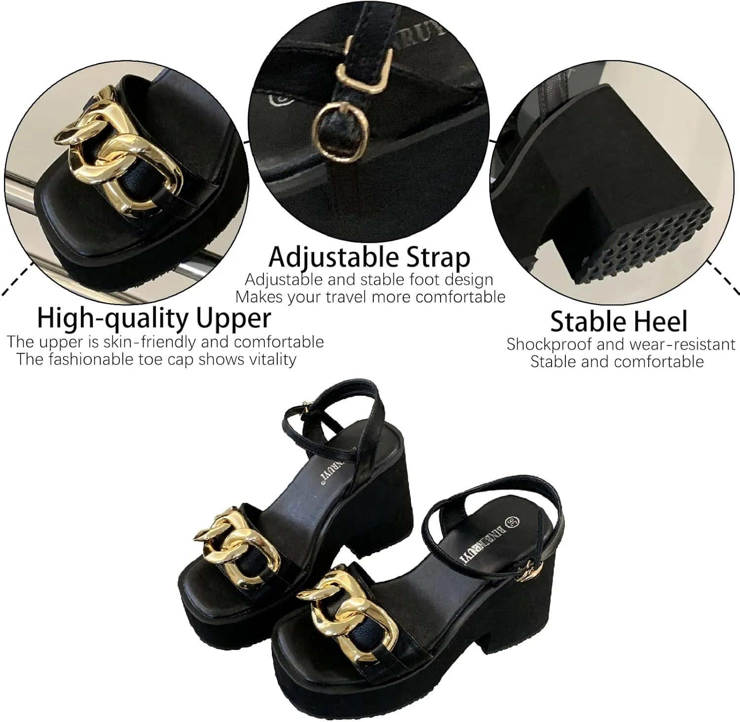 Women's Leather Chain Decor Platform Heels Sandals with Adjust Ankle Strap Fashion Comfort Open Round Toe Chunky High Heels Slingback Sandals Summer Party Wedding Dress Pumps