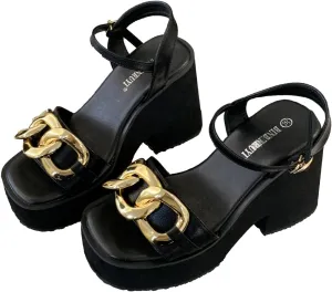 Women's Leather Chain Decor Platform Heels Sandals with Adjust Ankle Strap Fashion Comfort Open Round Toe Chunky High Heels Slingback Sandals Summer Party Wedding Dress Pumps
