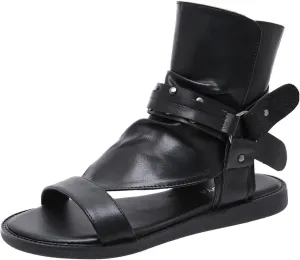 Womens Leather Comfortable Flat High-Top Studded Roman Sandals Retro Round open toe Zipper Slingback Summer walking Sandals
