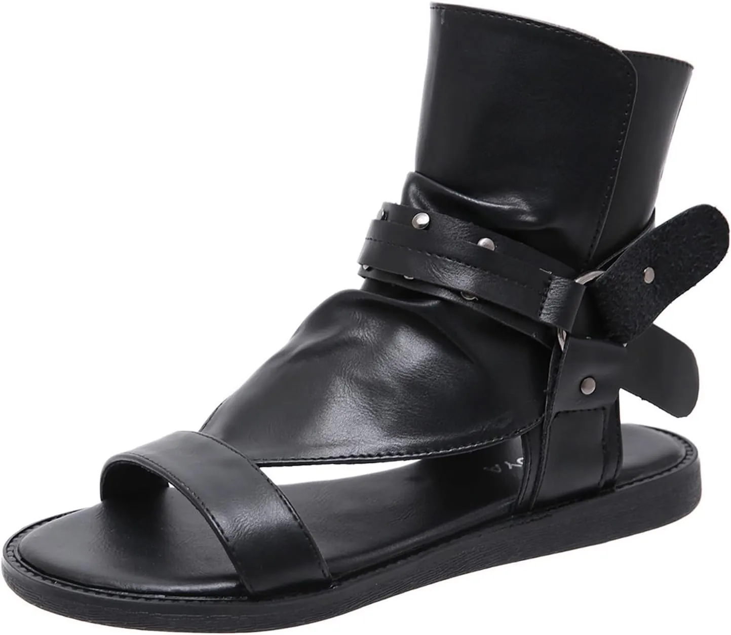 Womens Leather Comfortable Flat High-Top Studded Roman Sandals Retro Round open toe Zipper Slingback Summer walking Sandals