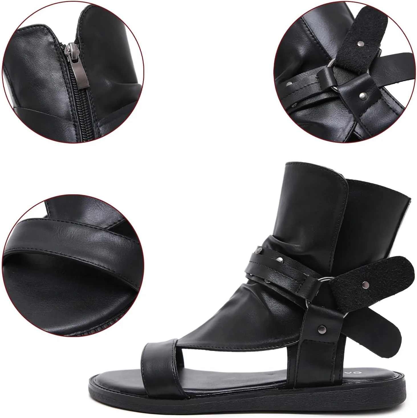 Womens Leather Comfortable Flat High-Top Studded Roman Sandals Retro Round open toe Zipper Slingback Summer walking Sandals