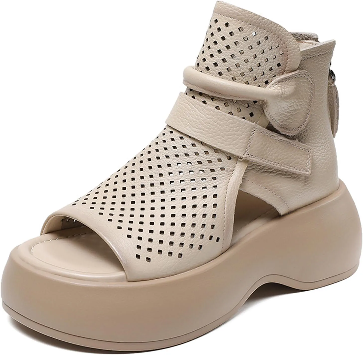 Women's Leather Hollow Platform High Top Sandals Open Toe Non-Slip Back Zipper Gladiator Sandals Summer Outdoor Casual Roman Beach Sandals