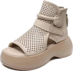 Women's Leather Hollow Platform High Top Sandals Open Toe Non-Slip Back Zipper Gladiator Sandals Summer Outdoor Casual Roman Beach Sandals