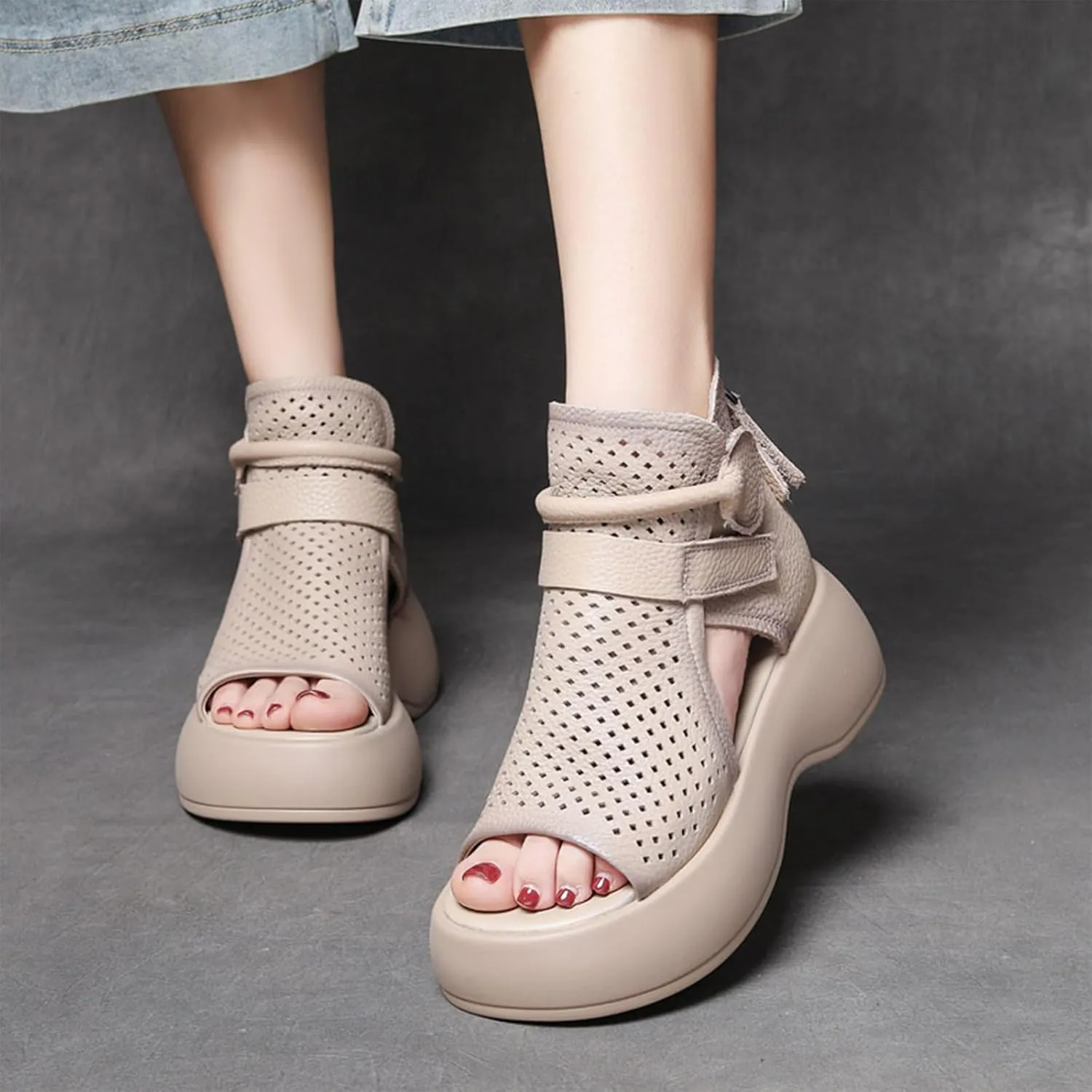 Women's Leather Hollow Platform High Top Sandals Open Toe Non-Slip Back Zipper Gladiator Sandals Summer Outdoor Casual Roman Beach Sandals