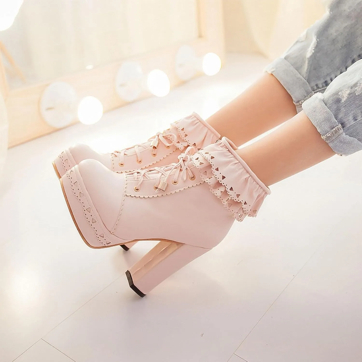 Womens Lolita Platform Lace Up Chunky High Heel Boots Zip Up