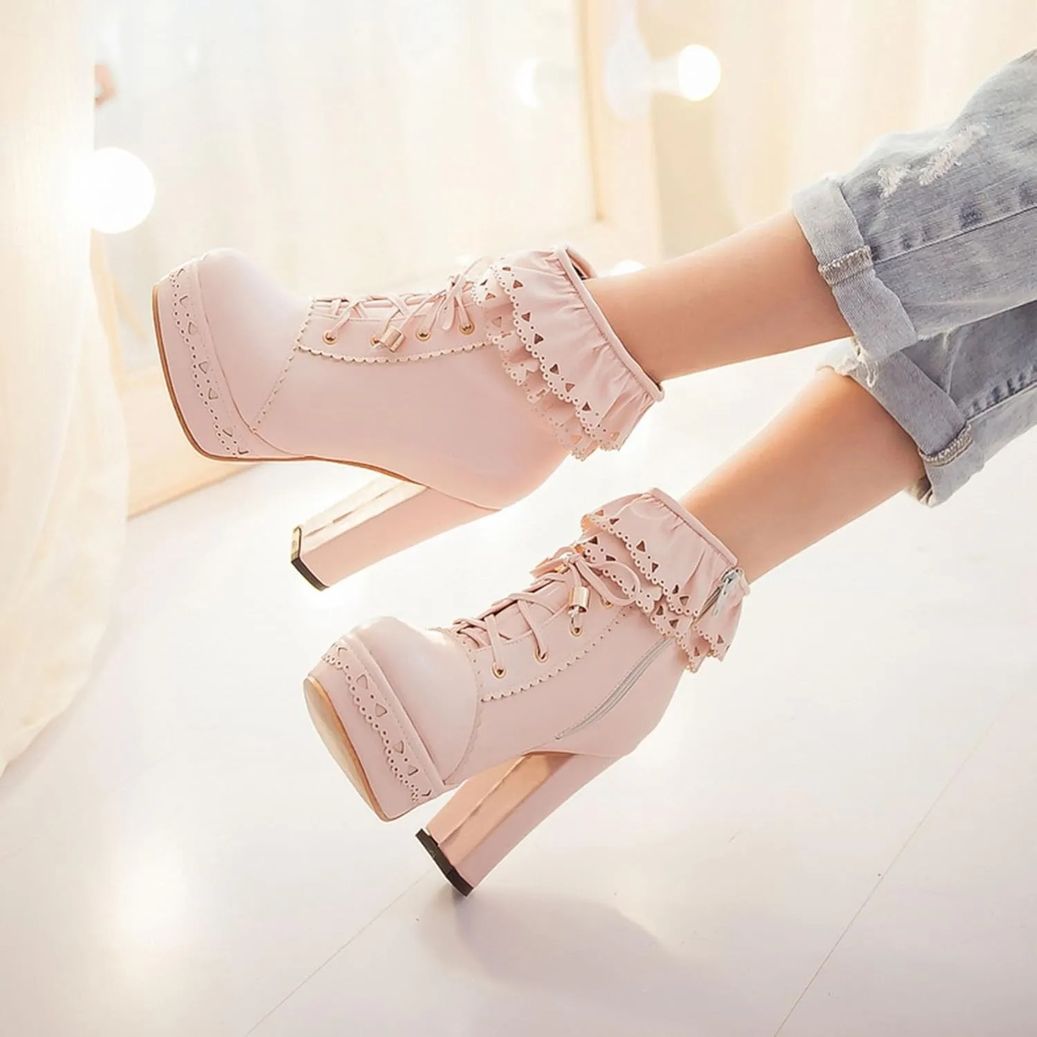 Womens Lolita Platform Lace Up Chunky High Heel Boots Zip Up