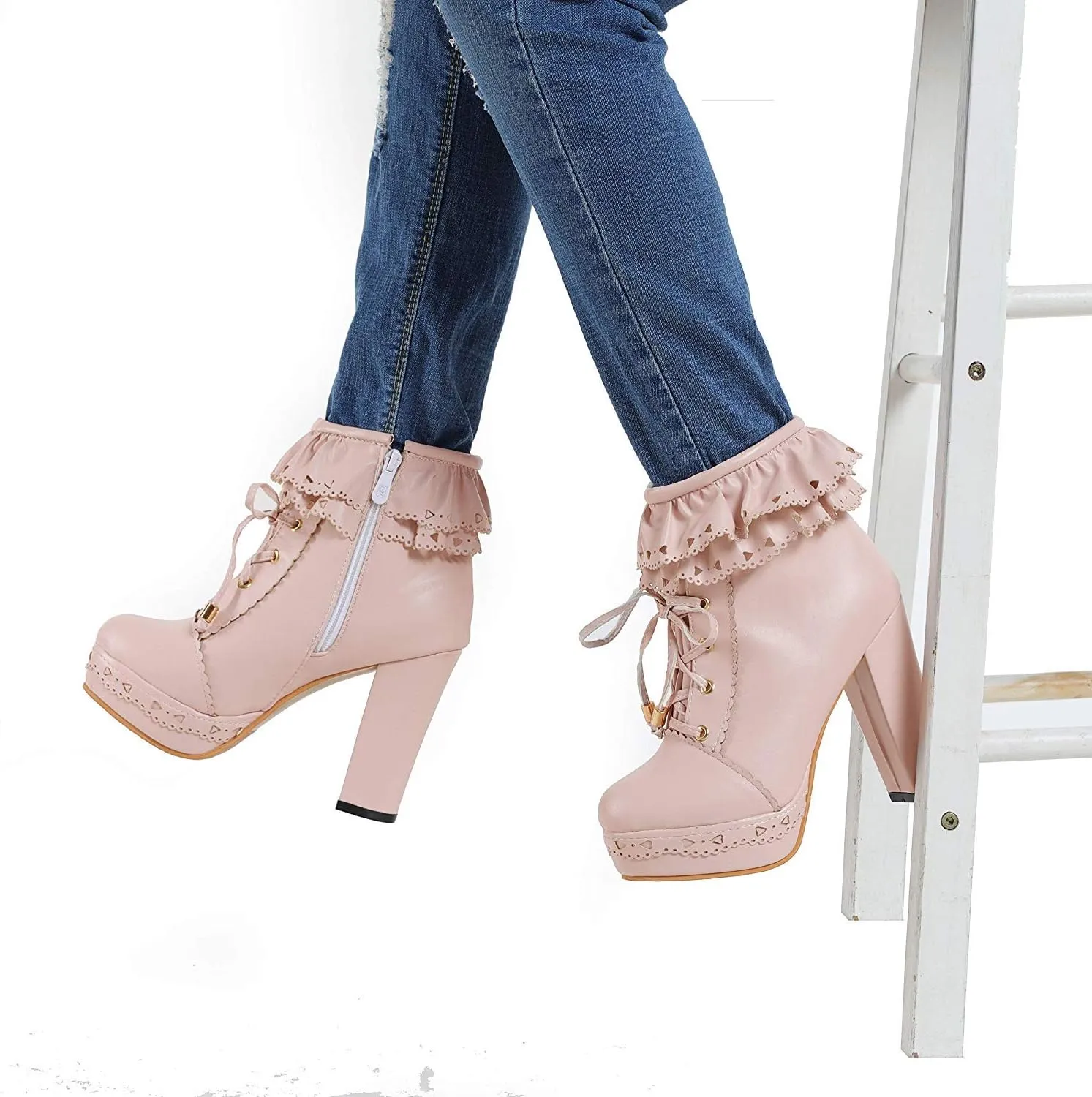 Womens Lolita Platform Lace Up Chunky High Heel Boots Zip Up