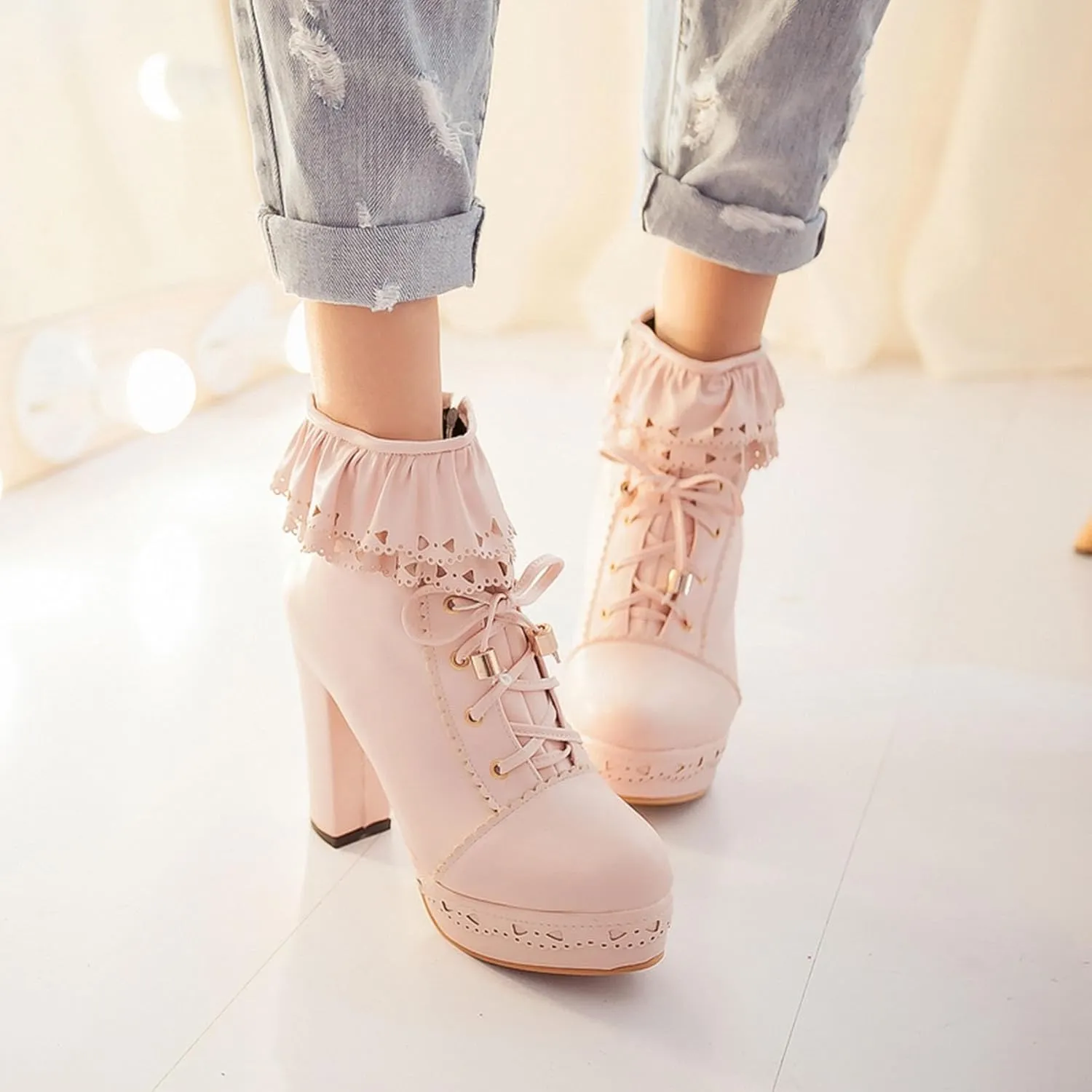 Womens Lolita Platform Lace Up Chunky High Heel Boots Zip Up