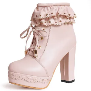 Womens Lolita Platform Lace Up Chunky High Heel Boots Zip Up