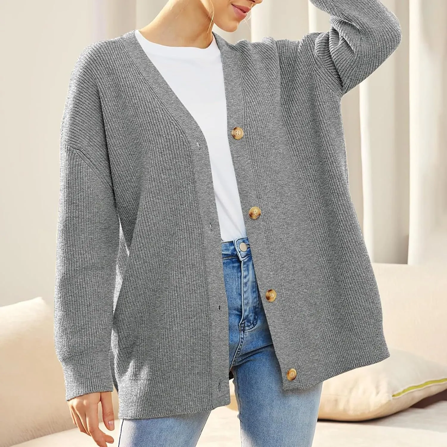 Women's Long Sleeve Cable Knit Cardigan Button Down Loose Outwear Open Front Trendy V Neck Sweater