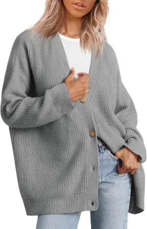 Women's Long Sleeve Cable Knit Cardigan Button Down Loose Outwear Open Front Trendy V Neck Sweater