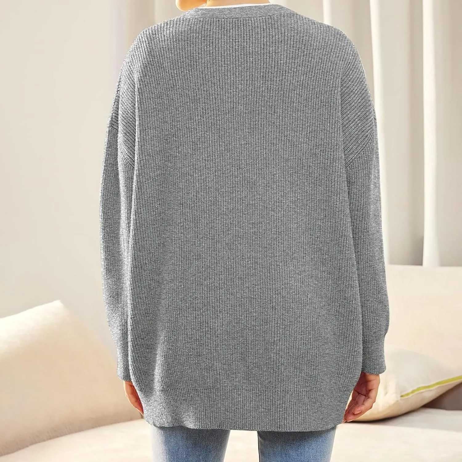 Women's Long Sleeve Cable Knit Cardigan Button Down Loose Outwear Open Front Trendy V Neck Sweater
