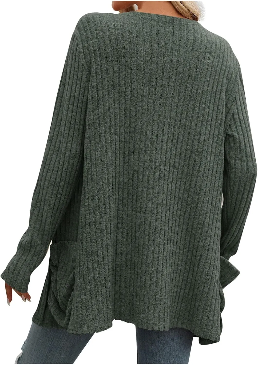 Women's Long Sleeve V Neck Cardigan Soft Open Front Outwear Loose Casual Comfortable Knit Sweater with Pockets