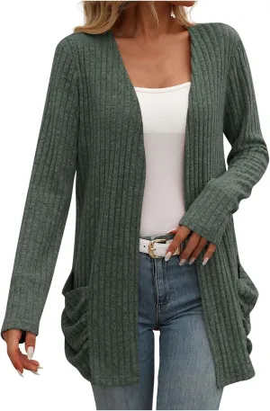 Women's Long Sleeve V Neck Cardigan Soft Open Front Outwear Loose Casual Comfortable Knit Sweater with Pockets