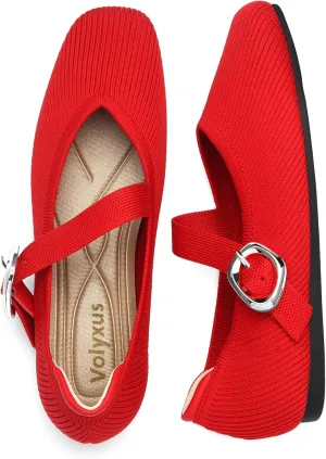 Women's Mary Jane Flats Shoes Square Toe Ballet Flats Comfortable Dressy Knit Flats with Strap Slip On Washable Casual Office Shoes