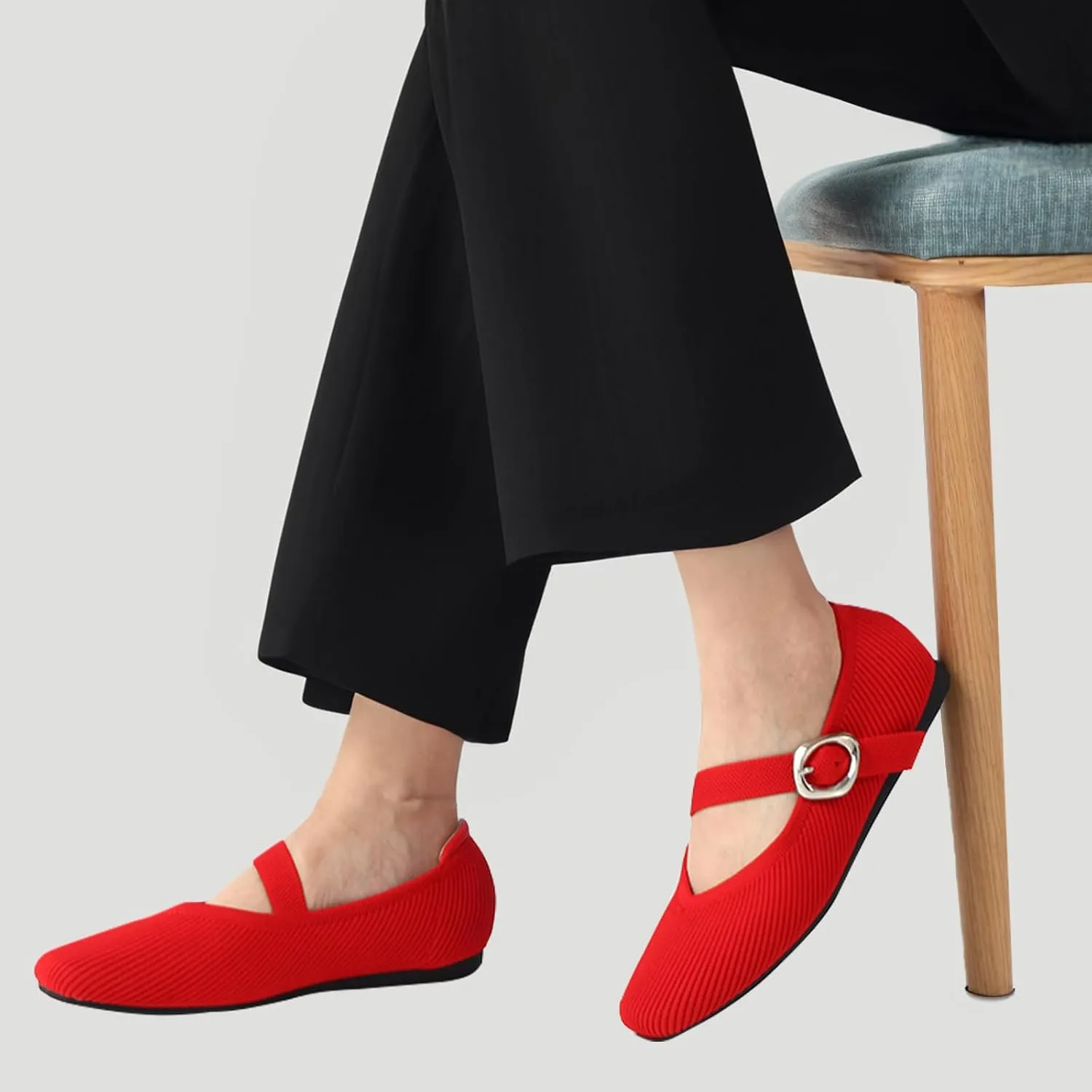 Women's Mary Jane Flats Shoes Square Toe Ballet Flats Comfortable Dressy Knit Flats with Strap Slip On Washable Casual Office Shoes