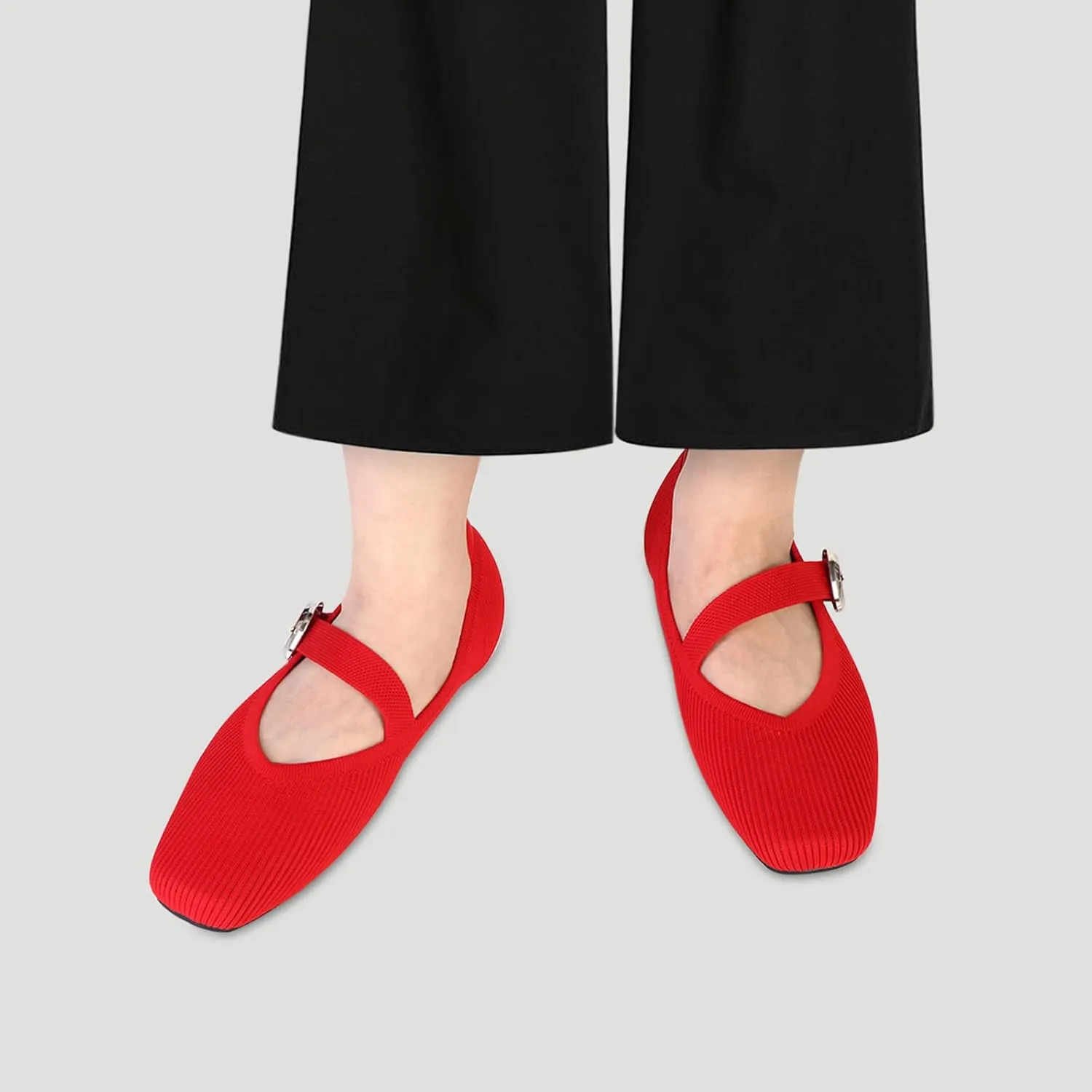 Women's Mary Jane Flats Shoes Square Toe Ballet Flats Comfortable Dressy Knit Flats with Strap Slip On Washable Casual Office Shoes