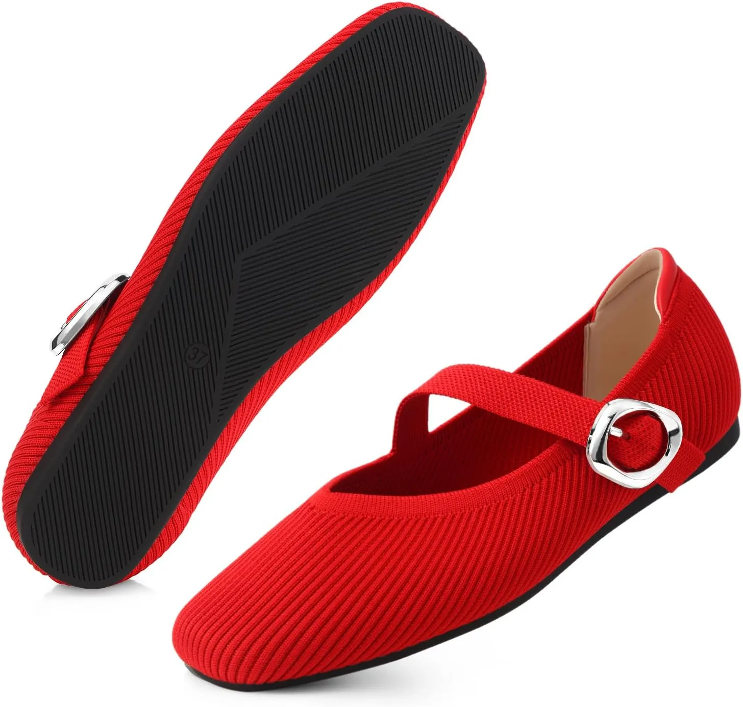 Women's Mary Jane Flats Shoes Square Toe Ballet Flats Comfortable Dressy Knit Flats with Strap Slip On Washable Casual Office Shoes