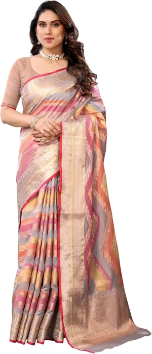 Women's Organza Golden Zari Jacquard Boarder & Pallu ZigZag Saree With Unstitched Blouse Piece (Maharani)