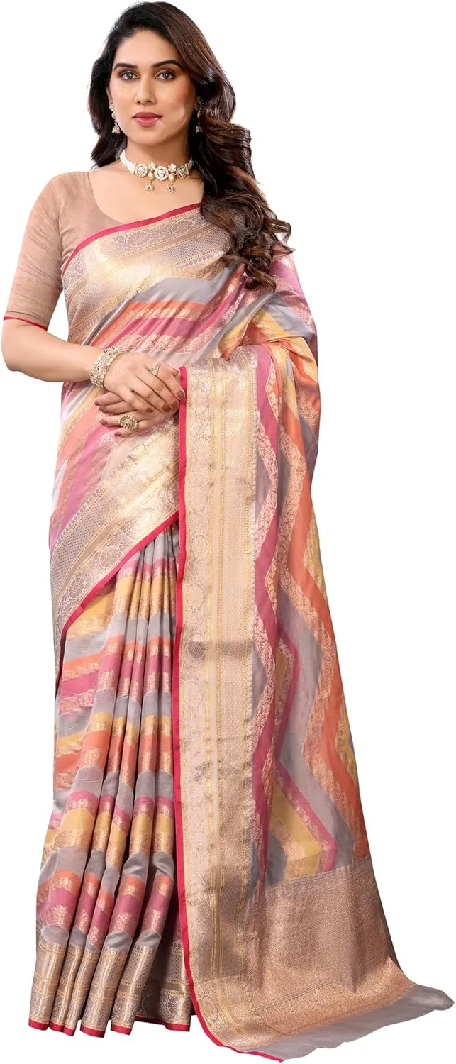Women's Organza Golden Zari Jacquard Boarder & Pallu ZigZag Saree With Unstitched Blouse Piece (Maharani)