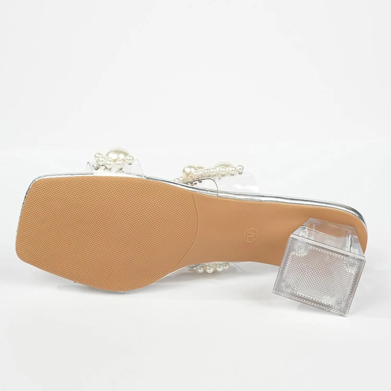 Women's Pearl Heels Sandals 2025 Summer Casual Square Clear Chunky Low Heel Sandals Transparent Strap Stiletto High Heels Slip on Mules Party Wedding Daily Wear Footwear