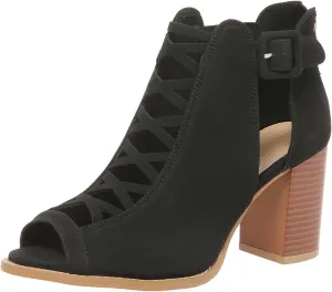 Womens Peep Toe Booties Chunky Heeled Sandals Back Zipper Cutout Dressy Sandals with Adjustable Ankle Strap Buckle